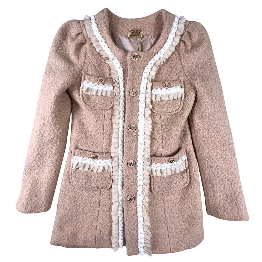 Blush Pink Bow Button Coat Womens S Lace Trim Pearl Fit Flare Coquette Jacket